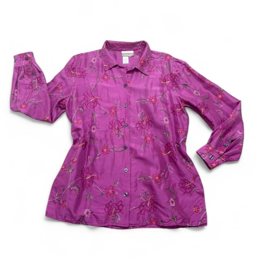 VTG Coldwater Creek Embroidered Silk Blouse Floral Magenta Fairycore Size M